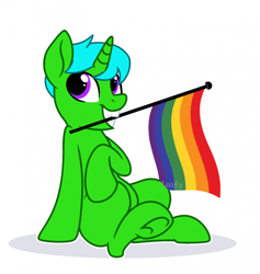 Size: 700x739 | Tagged: safe, artist:leafy, oc, oc only, oc:green byte, pony, unicorn, g4, commission, gay pride flag, lgbt, lgbt flag, male, missing cutie mark, mouth hold, pride, pride flag, rainbow flag, simple background, solo, stallion, watermark, white background, ych result