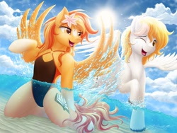 Size: 1024x768 | Tagged: safe, artist:novaintellus, oc, oc only, oc:serenity, oc:white feather, pegasus, pony, beach, clothes, duo, female, flower, flower in hair, kneeling, male, mare, oc x oc, one-piece swimsuit, raised hoof, serenither, shipping, smiling, splash, splashing, stallion, straight, swimsuit, water
