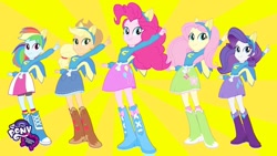 Size: 1280x720 | Tagged: safe, screencap, applejack, fluttershy, pinkie pie, rainbow dash, rarity, equestria girls, g4, my little pony equestria girls, boots, helping twilight win the crown, high heel boots, humane five, shoes, sweatshirt