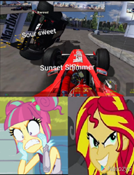 Size: 560x729 | Tagged: safe, sour sweet, sunset shimmer, equestria girls, g4, 1000 hours in ms paint, car, ferrari, formula 1, low quality, race track, racecar, rage, wrong aspect ratio