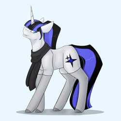 Size: 1772x1772 | Tagged: safe, artist:chrystal_company, oc, oc only, oc:coldlight bluestar, pony, unicorn, clothes, colored hooves, horn, scarf, simple background, solo, unicorn oc