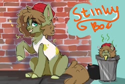 Size: 1500x1000 | Tagged: safe, artist:ametff3, dishwater slog, earth pony, pony, g4.5, my little pony: pony life, the best of the worst, beanie, brick wall, colored hooves, food, hat, male, pizza, sitting, smelly, smiling, solo, stallion, trash can