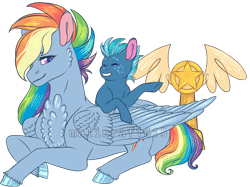 Size: 939x701 | Tagged: safe, artist:malinraf1615, rainbow dash, smallfry, earth pony, pegasus, pony, g4.5, my little pony: pony life, the best of the worst, backwards cutie mark, cheek fluff, chest fluff, colt, duo, female, male, mare, prone, simple background, transparent background, trophy, unshorn fetlocks