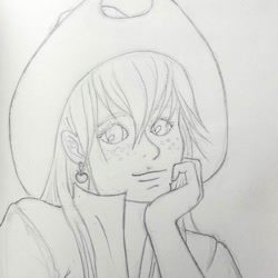 Size: 1080x1080 | Tagged: safe, alternate version, artist:merrow_lou, applejack, human, g4, clothes, ear piercing, female, freckles, hat, humanized, lineart, piercing, solo, traditional art