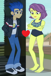 Size: 424x634 | Tagged: safe, edit, edited screencap, screencap, flash sentry, victoria, equestria girls, equestria girls series, g4, my little pony equestria girls, x marks the spot, barefoot, clothes, feet, female, flashtoria, male, shipping, shipping domino, straight, swimsuit