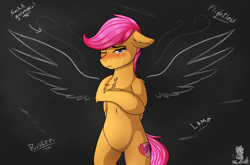 Size: 2600x1720 | Tagged: safe, artist:monsoonvisionz, scootaloo, pegasus, pony, g4, belly, belly fluff, bipedal, bullying, chalkboard, chest fluff, crying, cutie mark, ear fluff, female, leg fluff, looking at you, sad, solo, the cmc's cutie marks