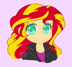 Size: 2048x1907 | Tagged: safe, artist:kittyrosie, sunset shimmer, equestria girls, g4, blushing, bust, cute, female, no pupils, purple background, shimmerbetes, simple background, solo