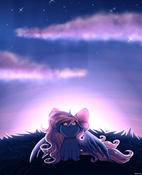 Size: 2600x3200 | Tagged: safe, artist:celes-969, oc, oc:fleurbelle, alicorn, pony, adorabelle, alicorn oc, bow, chibi, cloud, cute, female, hair bow, high res, horn, looking up, mare, stars, wings, yellow eyes