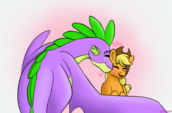 Size: 2917x1925 | Tagged: safe, artist:bella-pink-savage, applejack, spike, dragon, earth pony, pony, g4, blushing, bust, cheek kiss, cute, eyes closed, female, heart, jackabetes, kissing, male, mare, older, older spike, open mouth, ship:applespike, shipping, spikabetes, spike is such a sweetheart, straight, winged spike, wings