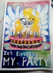 Size: 919x1270 | Tagged: safe, artist:kiwwsplash, oc, oc only, pegasus, pony, :d, birthday cake, cake, candle, food, happy birthday, open mouth, pegasus oc, smiling, solo, spread wings, traditional art, wings