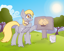 Size: 5000x4000 | Tagged: safe, artist:marykimer, derpy hooves, pegasus, pony, g4, butt, colored, colored hooves, cutie mark, derp, female, flat colors, food, morning, muffin, outdoors, paint bucket, paint tool sai, paintbrush, painting, plot, simple shading, solo, sun, tree