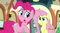 Size: 496x274 | Tagged: safe, screencap, fluttershy, pinkie pie, earth pony, pegasus, pony, buckball season, g4, season 6, angry, discovery family logo, imminent rage, looking back, raised hoof, sad, this will not end well, train