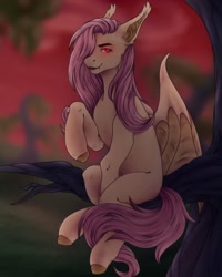 Size: 1080x1350 | Tagged: safe, artist:ash_helz, fluttershy, bat pony, pony, g4, bat ponified, colored hooves, female, flutterbat, glowing eyes, mare, outdoors, perching, race swap, raised hoof, sitting, solo, tree