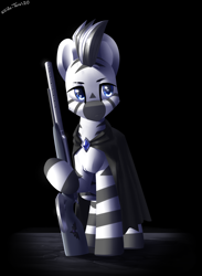 Size: 2200x3000 | Tagged: safe, artist:shido-tara, oc, oc only, oc:lancer, oc:lancer impalii, pony, zebra, fallout equestria, fallout equestria: project horizons, black background, cloak, clothes, fanfic art, gradient background, gun, high res, male, rifle, simple background, solo, weapon, zebra oc