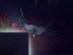Size: 1080x810 | Tagged: safe, artist:ash_helz, oc, oc only, pony, unicorn, beer bottle, couch, horn, indoors, lying down, solo, television, unicorn oc