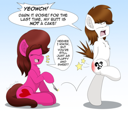 Size: 4700x4200 | Tagged: safe, artist:aarondrawsarts, oc, oc:brain teaser, oc:rose bloom, earth pony, pony, bipedal, brainbloom, chest fluff, dialogue, earth pony oc, female, fork, hip, laughing, literal butthurt, male, meme, oc x oc, ouch, pain, poking, reddened butt, shipping, sitting, straight