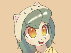Size: 1024x768 | Tagged: safe, ai assisted, ai content, artist:rainbow-douch, edit, generator:thisponydoesnotexist, oc, oc only, pony, ai interpretation, animal hat, brown background, bust, clothes, eyebrows, eyebrows visible through hair, female, hat, mare, open mouth, open smile, portrait, redraw, reference in the description, simple background, smiling, solo, sweater