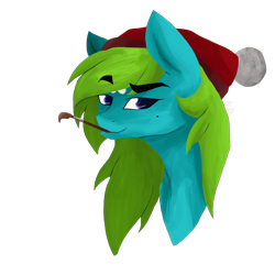 Size: 2048x2048 | Tagged: safe, artist:artfestation, oc, oc only, oc:cool wave, earth pony, pony, bust, christmas, earth pony oc, hat, high res, holiday, mouth hold, paintbrush, santa hat, simple background, solo, transparent background
