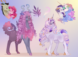 Size: 1361x1000 | Tagged: safe, artist:bunnari, discord, pinkie pie, princess celestia, rarity, oc, hybrid, pony, unicorn, g4, female, interspecies offspring, lesbian, magical lesbian spawn, male, mare, offspring, parent:discord, parent:pinkie pie, parent:princess celestia, parent:rarity, parents:discopie, parents:rarilestia, ship:discopie, ship:rarilestia, shipping, straight