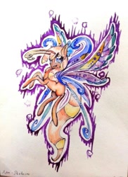 Size: 888x1220 | Tagged: safe, artist:kiwwsplash, oc, oc only, breezie, pony, flying, one eye closed, solo, traditional art