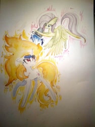 Size: 960x1280 | Tagged: safe, artist:kiwwsplash, fluttershy, twilight sparkle, pegasus, pony, unicorn, g4, bucket, duo, flying, looking up, mane of fire, rapidash twilight, traditional art, unicorn twilight, water