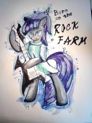 Size: 960x1280 | Tagged: safe, artist:kiwwsplash, maud pie, earth pony, pony, g4, bipedal, clothes, female, guitar, helmet, mare, musical instrument, solo, talking, traditional art