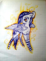 Size: 960x1280 | Tagged: safe, artist:kiwwsplash, oc, oc only, pegasus, pony, bow, clothes, hair bow, lined paper, looking back, pegasus oc, socks, solo, striped socks, traditional art, wings