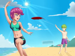 Size: 2558x1920 | Tagged: safe, artist:thebrokencog, scootaloo, spike, human, armpits, barefoot, beach, belly button, bikini, board shorts, breasts, clothes, cloud, commission, feet, female, frisbee, frizbee, green eyes, green hair, happy, humanized, male, midriff, net, nipples, ocean, open mouth, outdoors, partial nudity, purple eyes, purple hair, sand, scootaspike, shadow, shipping, shore, shorts, sky, small breasts, smiling, straight, sun, sunbrella, swimsuit, tankini, topless, water