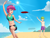 Size: 2558x1920 | Tagged: safe, artist:thebrokencog, scootaloo, spike, human, g4, armpits, barefoot, beach, beach umbrella, belly button, bikini, board shorts, breasts, clothes, cloud, commission, feet, female, frisbee, frizbee, green eyes, green hair, happy, humanized, male, male nipples, midriff, net, nipples, ocean, open mouth, outdoors, partial nudity, purple eyes, purple hair, sand, shadow, ship:scootaspike, shipping, shore, shorts, sky, small breasts, smiling, straight, sun, swimsuit, tankini, topless, water