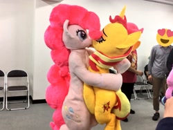 Size: 2048x1536 | Tagged: safe, artist:im_wizu, pinkie pie, sunset shimmer, human, g4, female, fursuit, implied shipping, irl, irl human, japan ponycon, kissing, lesbian, photo, ponysuit, ship:sunsetpie, shipping