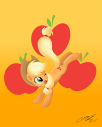 Size: 3947x4904 | Tagged: safe, artist:sweetietwily19, part of a set, applejack, pony, g4, absurd resolution, bucking, cutie mark, cutie mark background, female, one eye closed, open mouth, orange background, simple background, smiling, solo