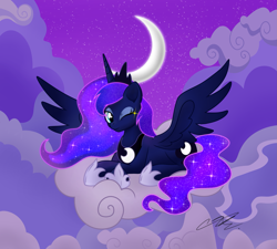 Size: 2279x2051 | Tagged: safe, artist:sweetietwily19, princess luna, alicorn, pony, g4, cloud, crescent moon, crossed hooves, ethereal mane, female, high res, mare, moon, night, on a cloud, one eye closed, prone, sky, solo, spread wings, starry mane, stars, wings, wink