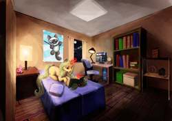 Size: 3508x2480 | Tagged: safe, artist:dalagar, oc, oc only, oc:honey nevaeh, cat, pony, unicorn, bed, book, bookshelf, chair, clock, computer, hamster wheel, high res, lamp, moon, poster, solo