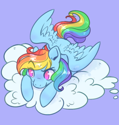 Size: 652x686 | Tagged: safe, artist:quakittyquak, rainbow dash, pegasus, pony, g4, blue background, cloud, cute, dashabetes, female, mare, no pupils, on a cloud, prone, raised eyebrow, simple background, solo