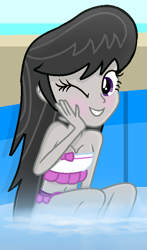 Size: 465x791 | Tagged: safe, artist:grapefruitface1, octavia melody, equestria girls, g4, base used, beach, blushing, breasts, clothes, female, looking at you, one eye closed, show accurate, solo, swimming pool, swimsuit, water, wink