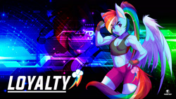 Size: 1920x1080 | Tagged: safe, artist:thundereddie, rainbow dash, pegasus, anthro, g4, blue fur, blue wings, clenched fist, clothes, compression shorts, confident, cutie mark, female, fingerless gloves, flexing, gloves, hand on hip, loyalty, multicolored hair, multicolored mane, multicolored tail, muscles, muscular female, rainbow hair, rainbow tail, rainbuff dash, shorts, smiling, solo, tank top, wallpaper, watermark, wings