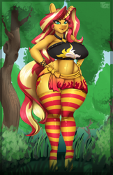 Size: 3938x6070 | Tagged: safe, artist:tatemil, sunset shimmer, unicorn, anthro, unguligrade anthro, equestria girls, g4, belly button, big breasts, bikini, bimbo, black swimsuit, breasts, busty sunset shimmer, clothes, commission, cutie mark swimsuit, female, huge breasts, jeweled swimsuit, looking at you, sarong, sexy, shirt, skirt, smiling, socks, striped socks, stupid sexy sunset shimmer, summer sunset, swimsuit, thigh highs, wide hips