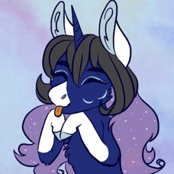 Size: 1024x1024 | Tagged: dead source, safe, artist:artfestation, oc, oc only, pony, unicorn, :p, abstract background, coat markings, ethereal mane, eyes closed, horn, smiling, socks (coat markings), solo, starry mane, tongue out, unicorn oc