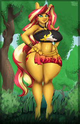 Size: 3938x6070 | Tagged: safe, alternate version, artist:tatemil, sunset shimmer, unicorn, anthro, unguligrade anthro, equestria girls, g4, belly button, big breasts, bikini, bimbo, black swimsuit, breasts, busty sunset shimmer, clothes, commission, cutie mark swimsuit, female, huge breasts, jeweled swimsuit, looking at you, sarong, sexy, shirt, skirt, smiling, stupid sexy sunset shimmer, summer sunset, swimsuit, wide hips