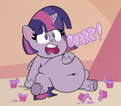 Size: 1050x920 | Tagged: safe, artist:scobionicle99, twilight sparkle, alicorn, pony, badge of shame, my little pony: pony life, pony life, adorafatty, belly, belly button, big belly, burp, cupcake, cute, fat, female, food, food baby, hoof on belly, mare, obese, open mouth, scene interpretation, sitting, solo, stuffed, twiabetes, twilard sparkle, twilight sparkle (alicorn), underhoof, unshorn fetlocks