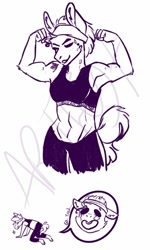 Size: 614x1024 | Tagged: dead source, safe, artist:artfestation, oc, oc only, earth pony, anthro, abs, biceps, clothes, comic, earth pony oc, eyes closed, female, flexing, headband, limited palette, muscles, muscular female, shorts, tired