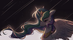 Size: 2000x1100 | Tagged: safe, artist:leafywind, princess celestia, alicorn, pony, g4, bust, chest fluff, female, mare, portrait, shooting star, solo, spread wings, stars, wings