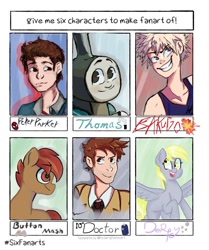 Size: 640x764 | Tagged: safe, artist:moon dust, button mash, derpy hooves, earth pony, human, pegasus, pony, g4, bust, clothes, colt, crossover, doctor who, female, grin, katsuki bakugou, male, mare, my hero academia, open mouth, peter parker, raised hoof, six fanarts, smiling, spider-man, spread wings, tenth doctor, the doctor, thomas the tank engine, train, wings