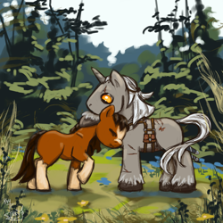 Size: 3000x3000 | Tagged: safe, artist:kchche, earth pony, pony, female, forest, high res, male, mare, nuzzling, ponified, scenery, stallion, the witcher