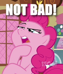Size: 358x424 | Tagged: safe, pinkie pie, g4, caption, image macro, not bad, text