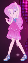 Size: 262x577 | Tagged: safe, screencap, fluttershy, equestria girls, equestria girls series, g4, i'm on a yacht, spoiler:eqg series (season 2), armpits, arms in the air, big smile, clothes, cropped, dancing, dress, eyes closed, female, hands in the air, legs, neon eg logo, pointing, sandals, skirt, sleeveless, sleeveless dress, smiling