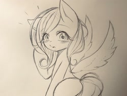 Size: 2048x1536 | Tagged: safe, artist:haruno hiroka, fluttershy, pony, g4, blushing, butt, female, flutterbutt, looking at you, missing cutie mark, plot, solo, surprised, traditional art