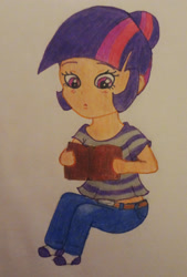 Size: 2013x2980 | Tagged: safe, artist:wrath-marionphauna, twilight sparkle, human, g4, book, chibi, clothes, colored pencil drawing, cute, female, hair bun, high res, humanized, solo, surprised, traditional art, twiabetes