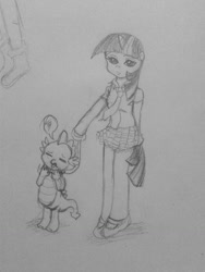 Size: 960x1280 | Tagged: safe, artist:wrath-marionphauna, spike, twilight sparkle, anthro, g4, clothes, leash, pencil drawing, skirt, traditional art