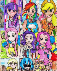 Size: 1339x1661 | Tagged: safe, artist:wrath-marionphauna, applejack, carrot cake, cup cake, derpy hooves, dinky hooves, dj pon-3, fluttershy, pinkie pie, rainbow dash, rarity, twilight sparkle, vinyl scratch, human, g4, colored pencil drawing, humanized, mane six, the cakes, traditional art